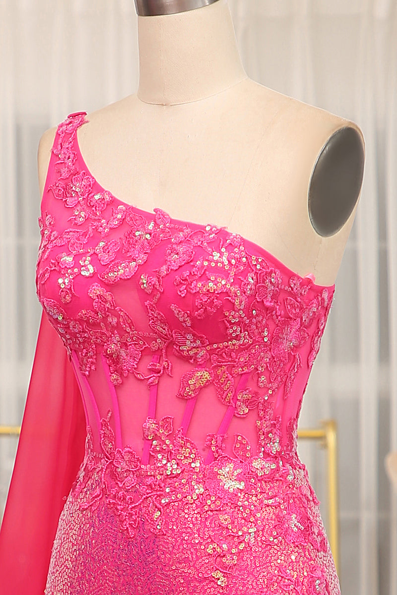 Load image into Gallery viewer, Sparkly Fuchsia Mermaid One Shoulder Long Corset Prom Dress With Slit