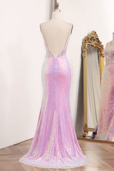 Light Purple Sequined Mermaid Long Corset Prom Dress With Slit
