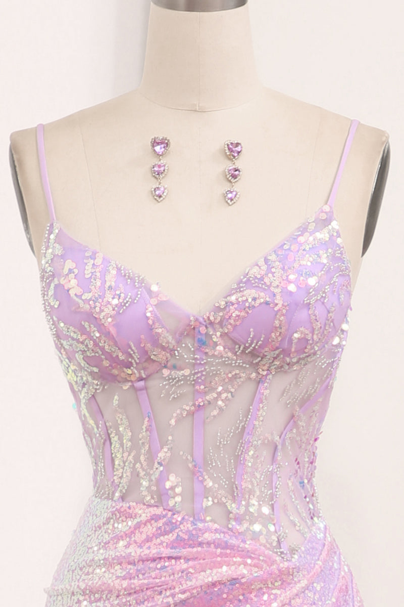 Load image into Gallery viewer, Light Purple Sequined Mermaid Long Corset Prom Dress With Slit