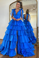 Load image into Gallery viewer, Fuchsia A Line Deep V Neck Long Tiered Prom Dress With Slit