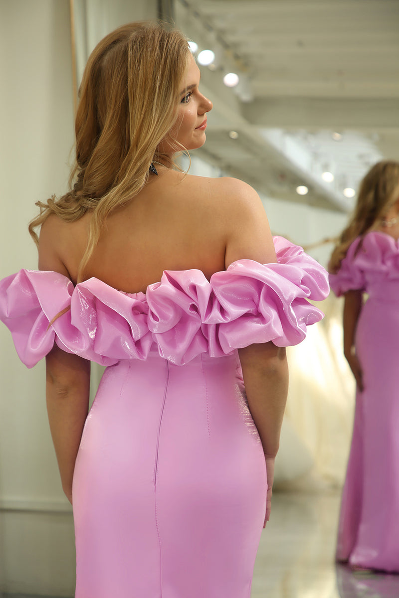 Load image into Gallery viewer, Pink Mermaid Floral Off the Shoulder Long Prom Dress With Slit