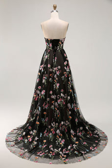 Floral Black Strapless A Line Long Prom Dress