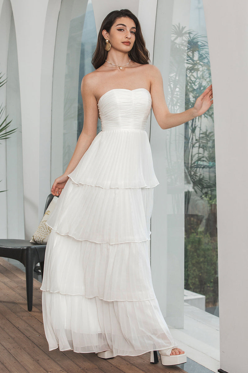QUEENDANCER Women Simple White Pleated Tiered Engagement Party Dress