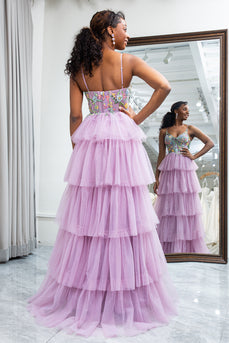 Mauve A Line Tulle Appliques Long Corset Tiered Prom Dress With Slit