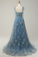 Load image into Gallery viewer, A-Line Grey Blue Princess Prom Dress With Embroidery