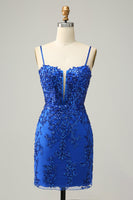 Load image into Gallery viewer, Sheath Spaghetti Straps Red Sequins Short Homecoming Dress with Criss Cross Back