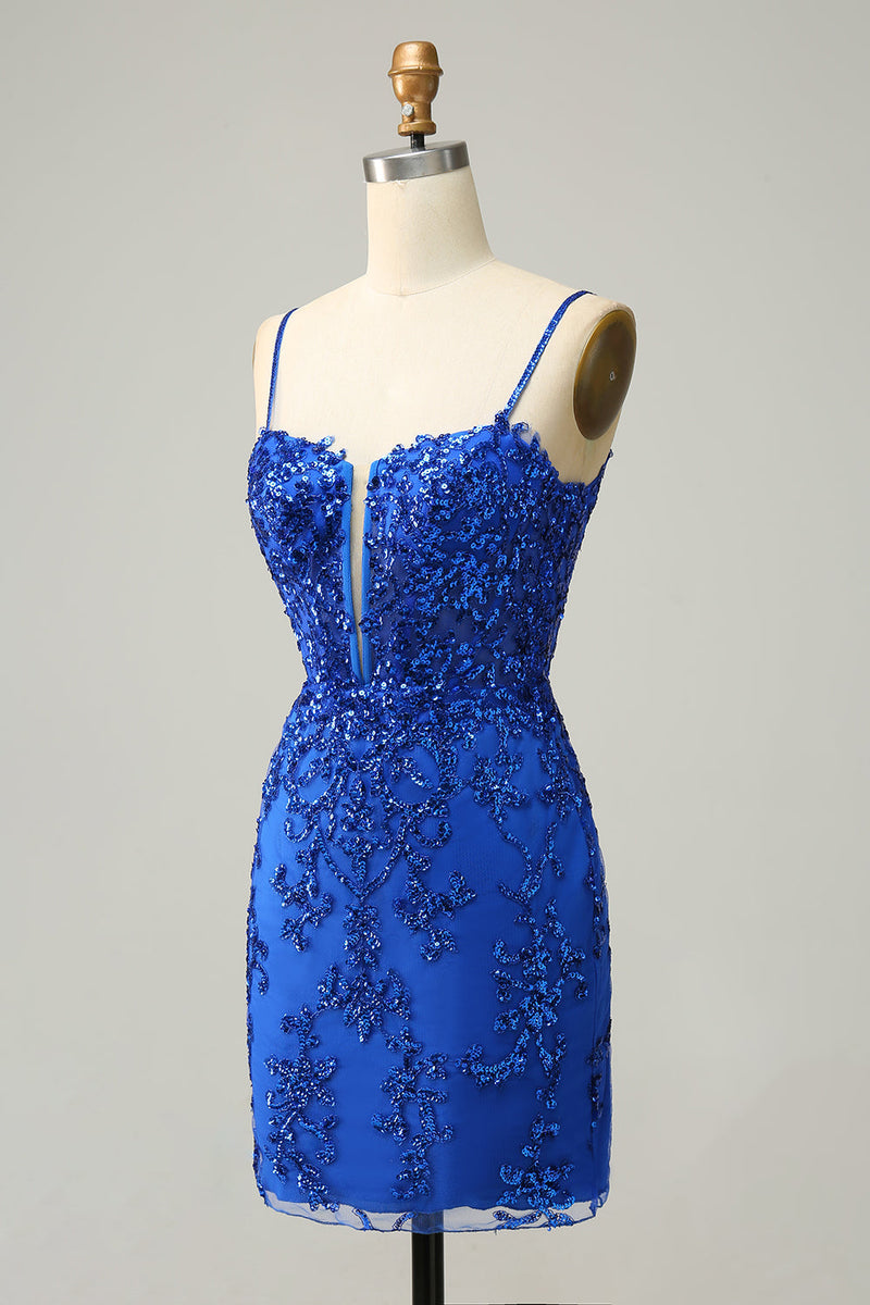 Load image into Gallery viewer, Sheath Spaghetti Straps Red Sequins Short Homecoming Dress with Criss Cross Back