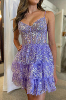 Load image into Gallery viewer, Sparkly Navy Spaghetti Straps Sequins Short Homecoming Dress