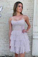 Load image into Gallery viewer, A Line Light Blue Sequins Corset Short Homecoming Dress