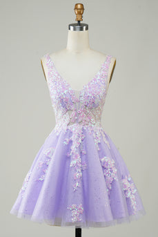 A Line Lilac V-Neck Sequins Corset Short Homecoming Dress