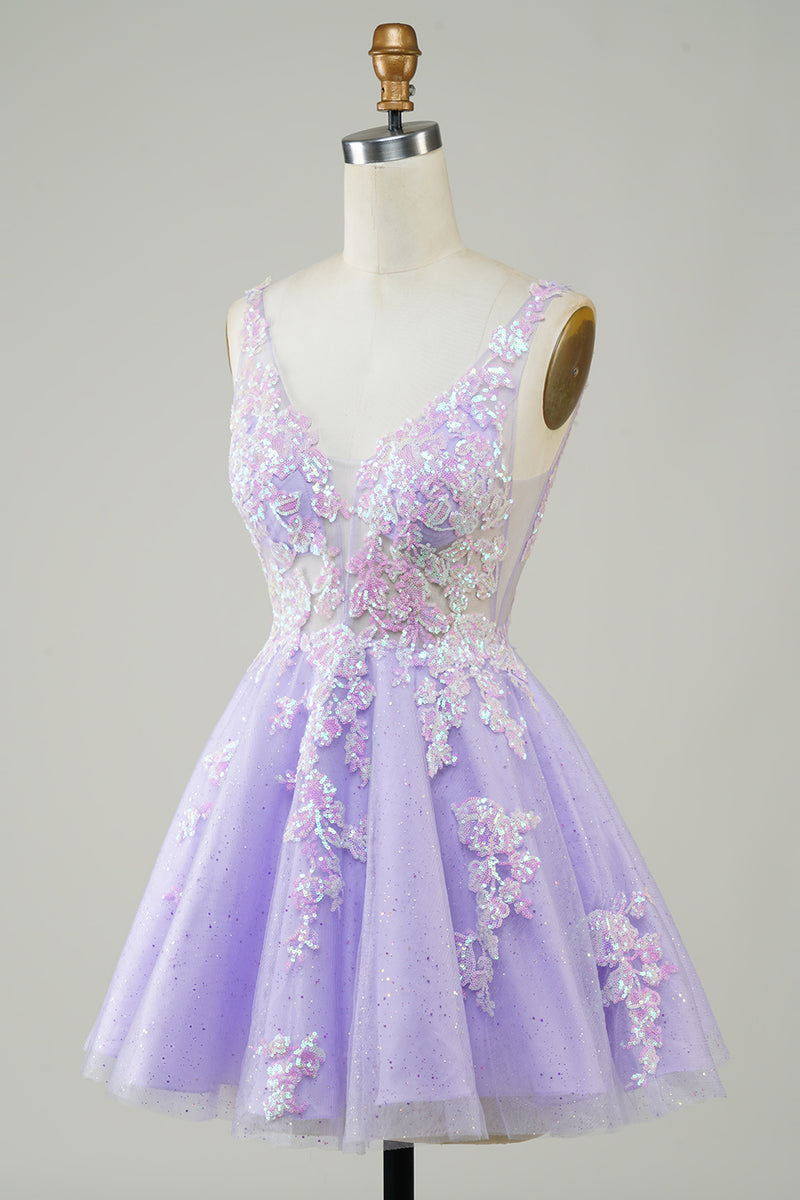 Queendancer Women Lilac A Line Homecoming Dress V Neck Sequins Corset