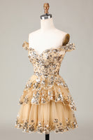 Load image into Gallery viewer, A Line Off the Shoulder Red Sparkly Corset Homecoming Dress with Tiered Lace