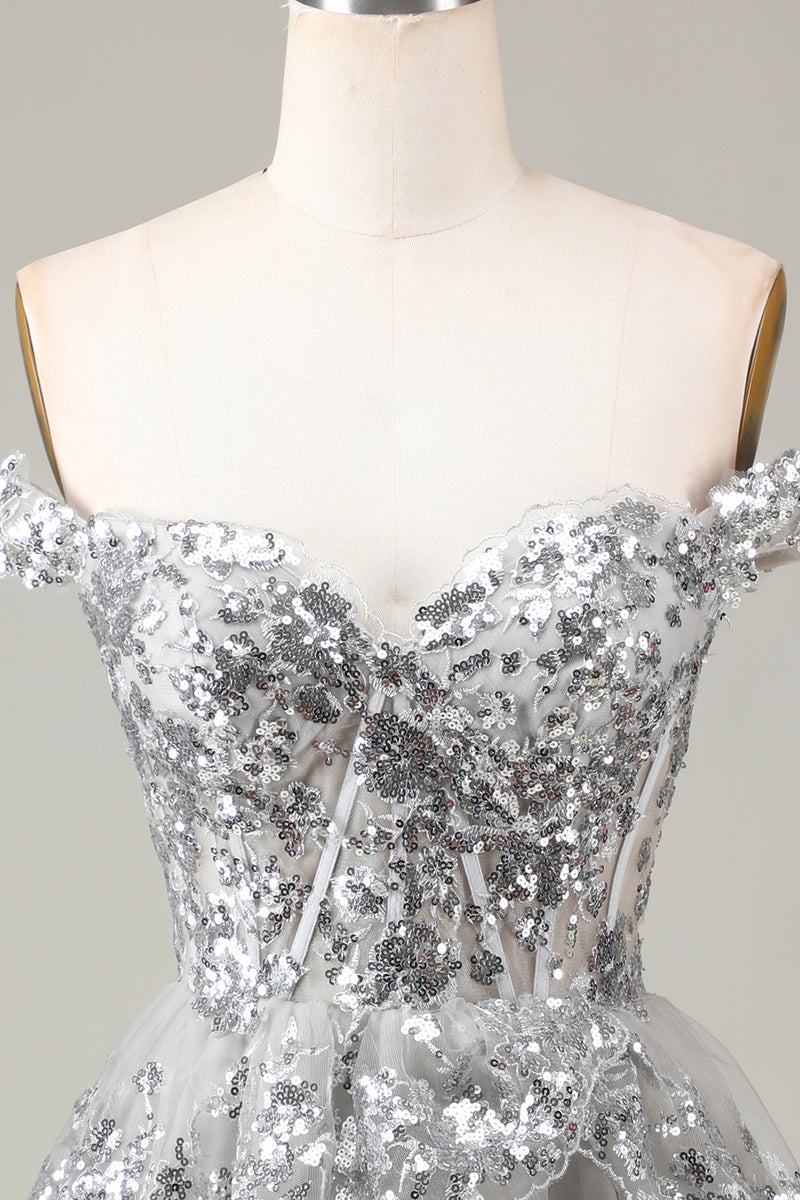 Load image into Gallery viewer, A Line Off the Shoulder Silver Sparkly Corset Homecoming Dress with Tiered Lace