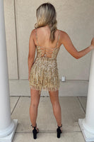 Load image into Gallery viewer, Sparkly Sequined Gold Tight Short Homecoming Dress with Fringes