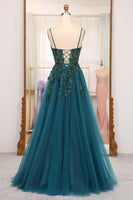 Load image into Gallery viewer, Dark Green A Line Appliqued Long Prom Dress With Slit