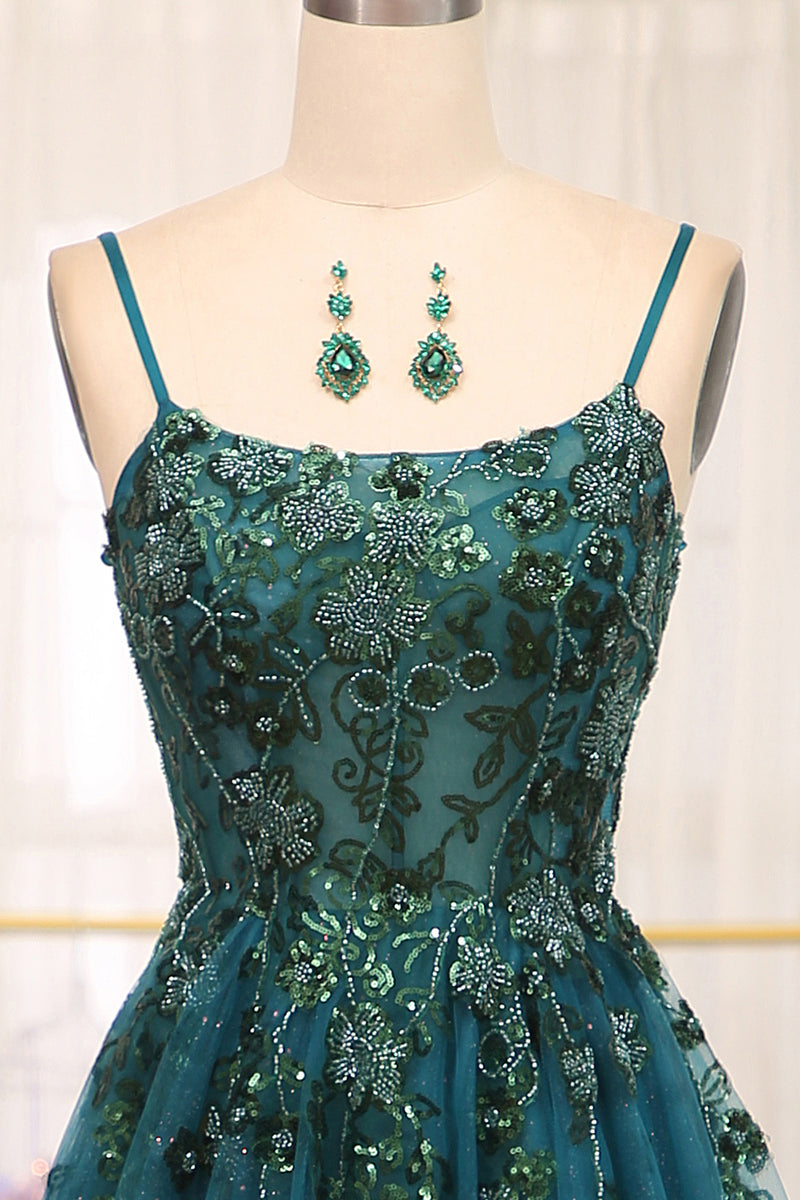 Load image into Gallery viewer, Dark Green A Line Appliqued Long Prom Dress With Slit