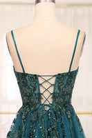 Load image into Gallery viewer, Dark Green A Line Appliqued Long Prom Dress With Slit