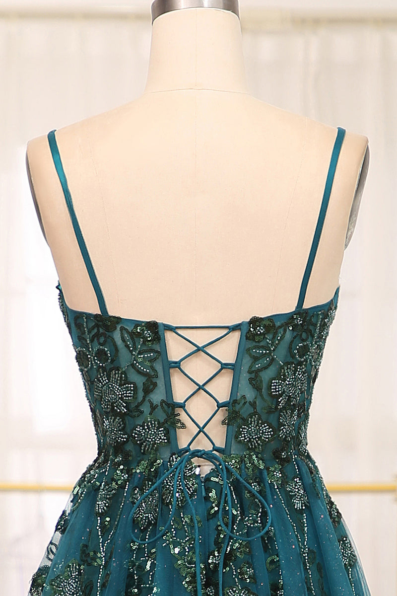 Load image into Gallery viewer, Dark Green A Line Appliqued Long Prom Dress With Slit