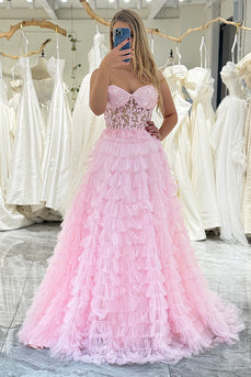 A Line Coral Sweetheart Tiered Long Corset Prom Dress