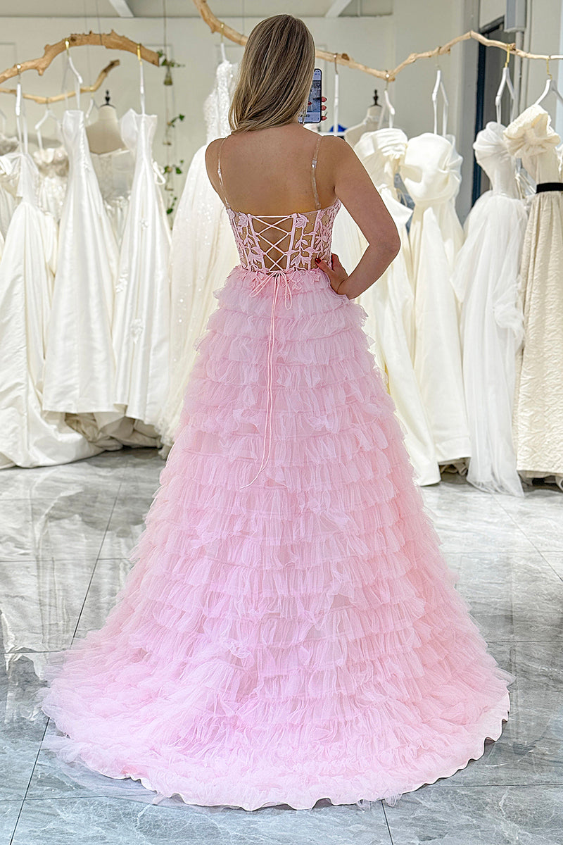 Load image into Gallery viewer, Pink A Line Sweetheart Tiered Long Corset Prom Dress