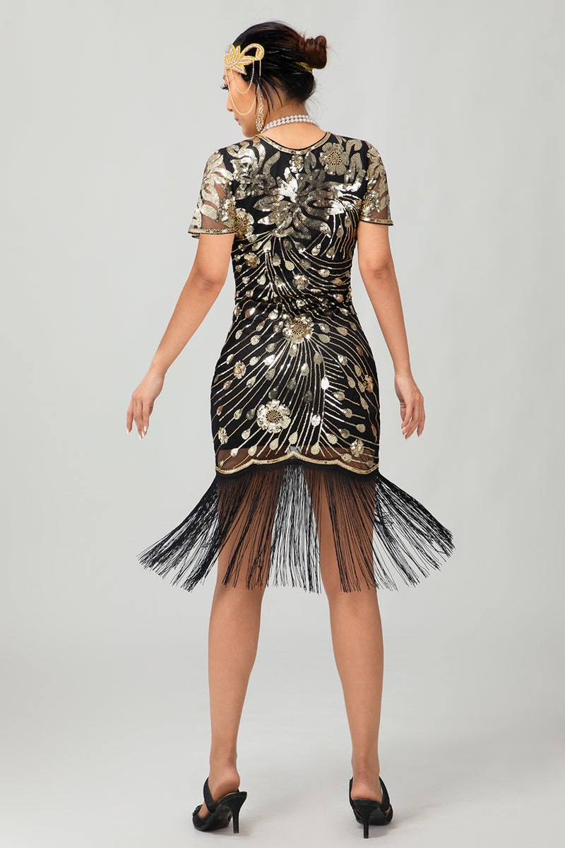 Load image into Gallery viewer, Sparkly Black Golden Fringed Sequins Flapper Dress with 20s Accessories Set