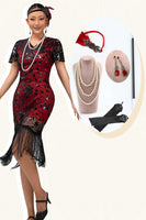 Load image into Gallery viewer, Sparkly Black Red Fringed Bodycon Flapper Dress with 20s Accessories Set