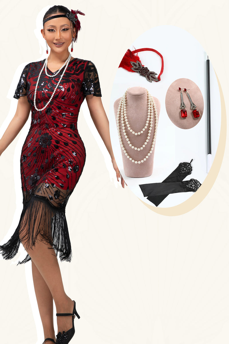 Load image into Gallery viewer, Sparkly Black Red Fringed Bodycon Flapper Dress with 20s Accessories Set
