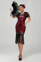 Load image into Gallery viewer, Sparkly Black Red Fringed Bodycon Flapper Dress with 20s Accessories Set