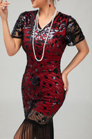 Load image into Gallery viewer, Sparkly Black Red Fringed Bodycon Flapper Dress with 20s Accessories Set