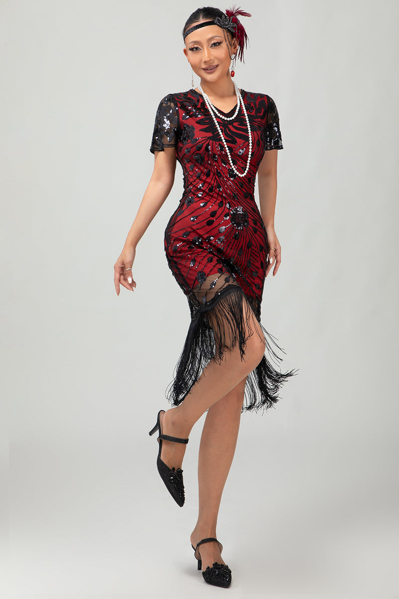 Load image into Gallery viewer, Sparkly Black Red Fringed Bodycon Flapper Dress with 20s Accessories Set