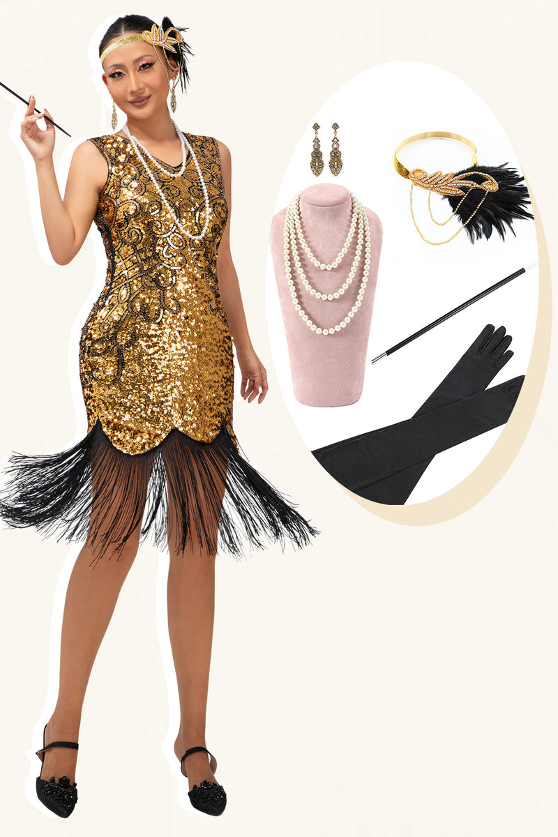 Load image into Gallery viewer, Sparkly Black Golden Fringed Sequins Flapper Dress with 20s Accessories Set