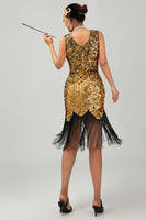 Load image into Gallery viewer, Sparkly Black Golden Fringed Sequins Flapper Dress with 20s Accessories Set