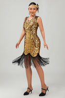 Load image into Gallery viewer, Sparkly Black Golden Fringed Sequins Flapper Dress with 20s Accessories Set