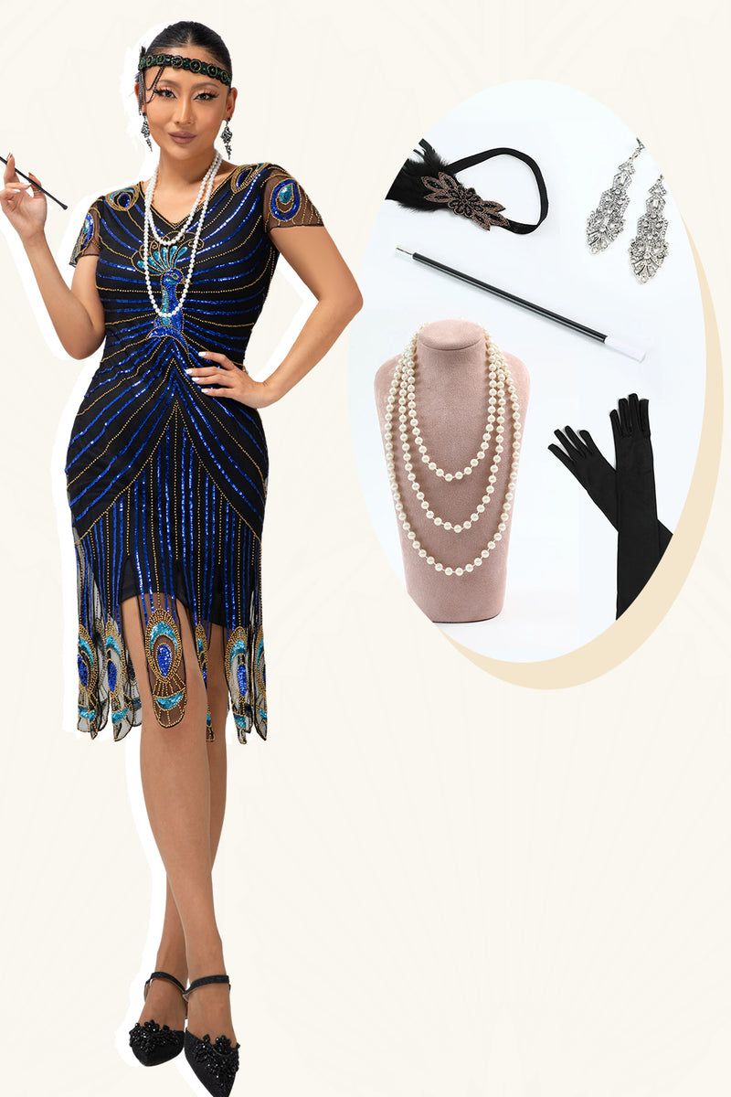Load image into Gallery viewer, Sparkly Black Blue Bodycon Short Sleeves Flapper Dress with 20s Accessories Set