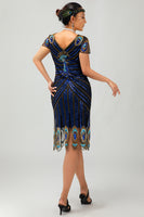 Load image into Gallery viewer, Sparkly Black Blue Bodycon Short Sleeves Flapper Dress with 20s Accessories Set