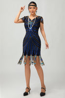 Load image into Gallery viewer, Sparkly Black Blue Bodycon Short Sleeves Flapper Dress with 20s Accessories Set