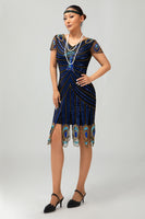 Load image into Gallery viewer, Sparkly Black Blue Bodycon Short Sleeves Flapper Dress with 20s Accessories Set