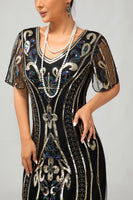 Load image into Gallery viewer, Sparkly Black Golden Bodycon Sequins Short Sleeves Flapper Dress with Fringes