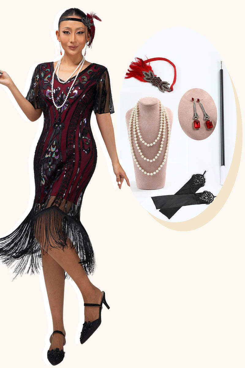Load image into Gallery viewer, Sparkly Burgundy Sequins Short Sleeves Flapper Dress with Fringes