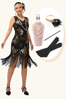 Load image into Gallery viewer, Sparkly Black Golden Sequins Fringed Short Flapper Dress with 20s Accessories Set