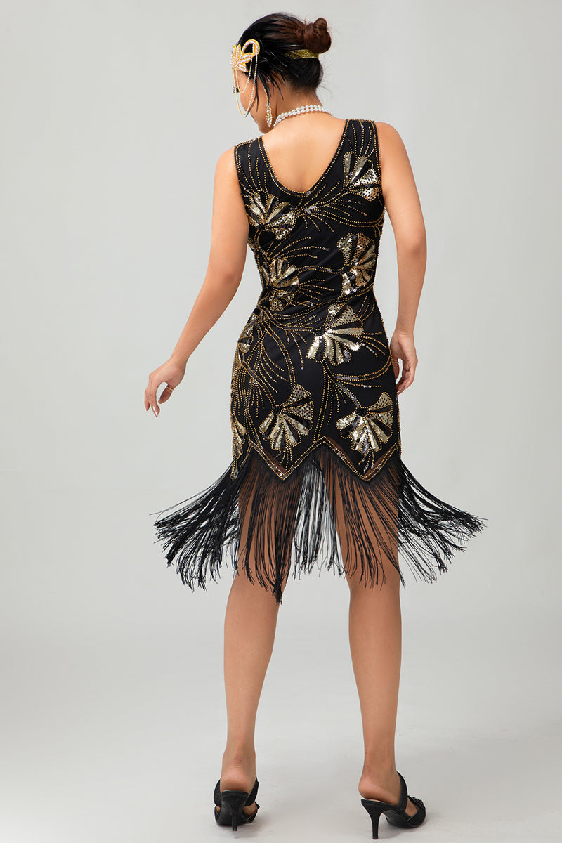 Load image into Gallery viewer, Sparkly Black Golden Sequins Fringed Short Flapper Dress with 20s Accessories Set