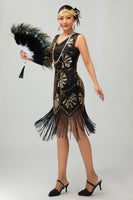 Load image into Gallery viewer, Sparkly Black Golden Sequins Fringed Short Flapper Dress with 20s Accessories Set
