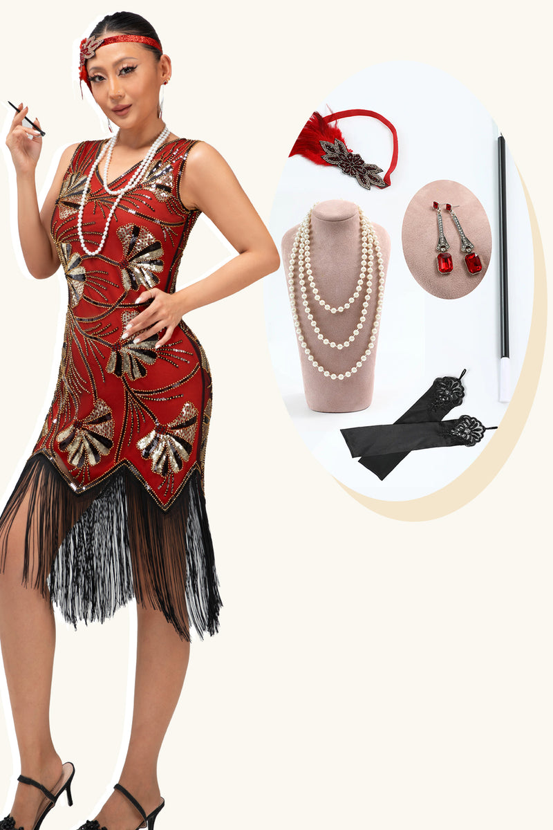 Load image into Gallery viewer, Sparkly Red Golden Sequins Fringed Flapper Dress with with 20s Accessories Set