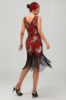 Load image into Gallery viewer, Sparkly Red Golden Sequins Fringed Flapper Dress with with 20s Accessories Set