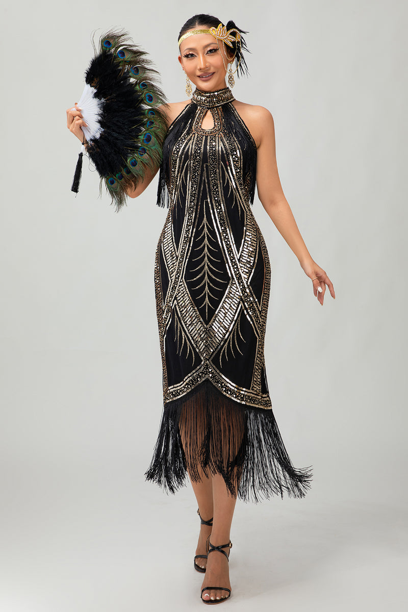 Load image into Gallery viewer, Sparkly Black Golden Halter Bodycon Sequins Flapper Dress with 20s Accessories Set