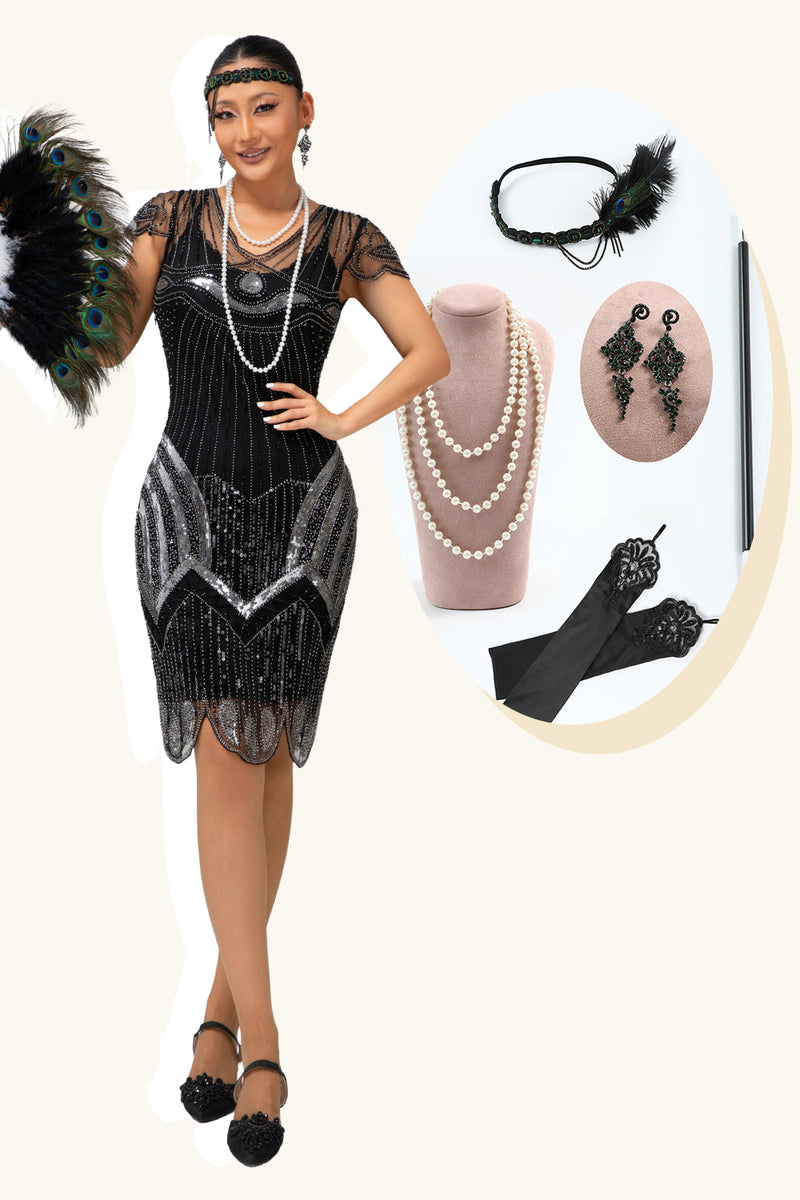 Load image into Gallery viewer, Sparkly Black Silver Beaded Bodycon Flapper Dress with 20s Accessories Set