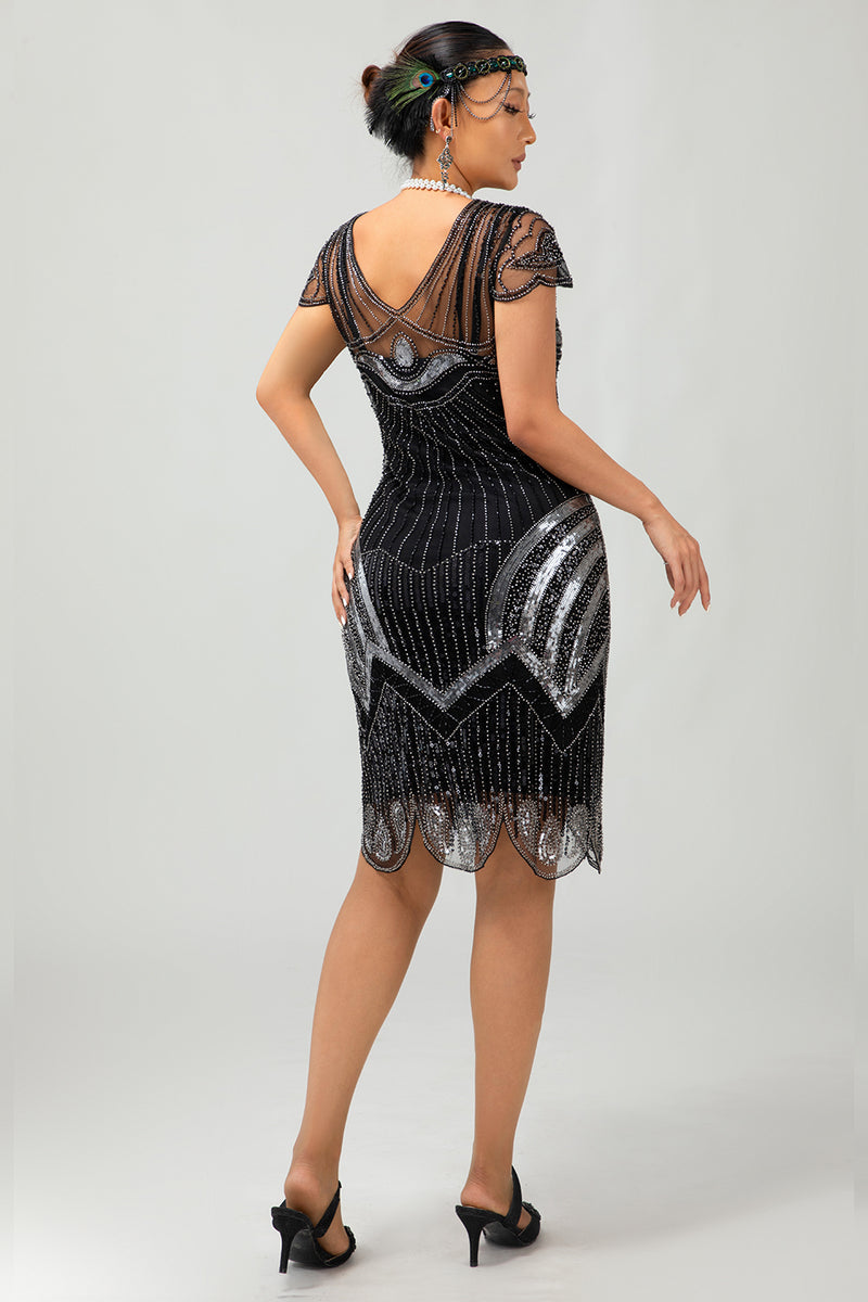 Load image into Gallery viewer, Sparkly Black Silver Beaded Bodycon Flapper Dress with 20s Accessories Set