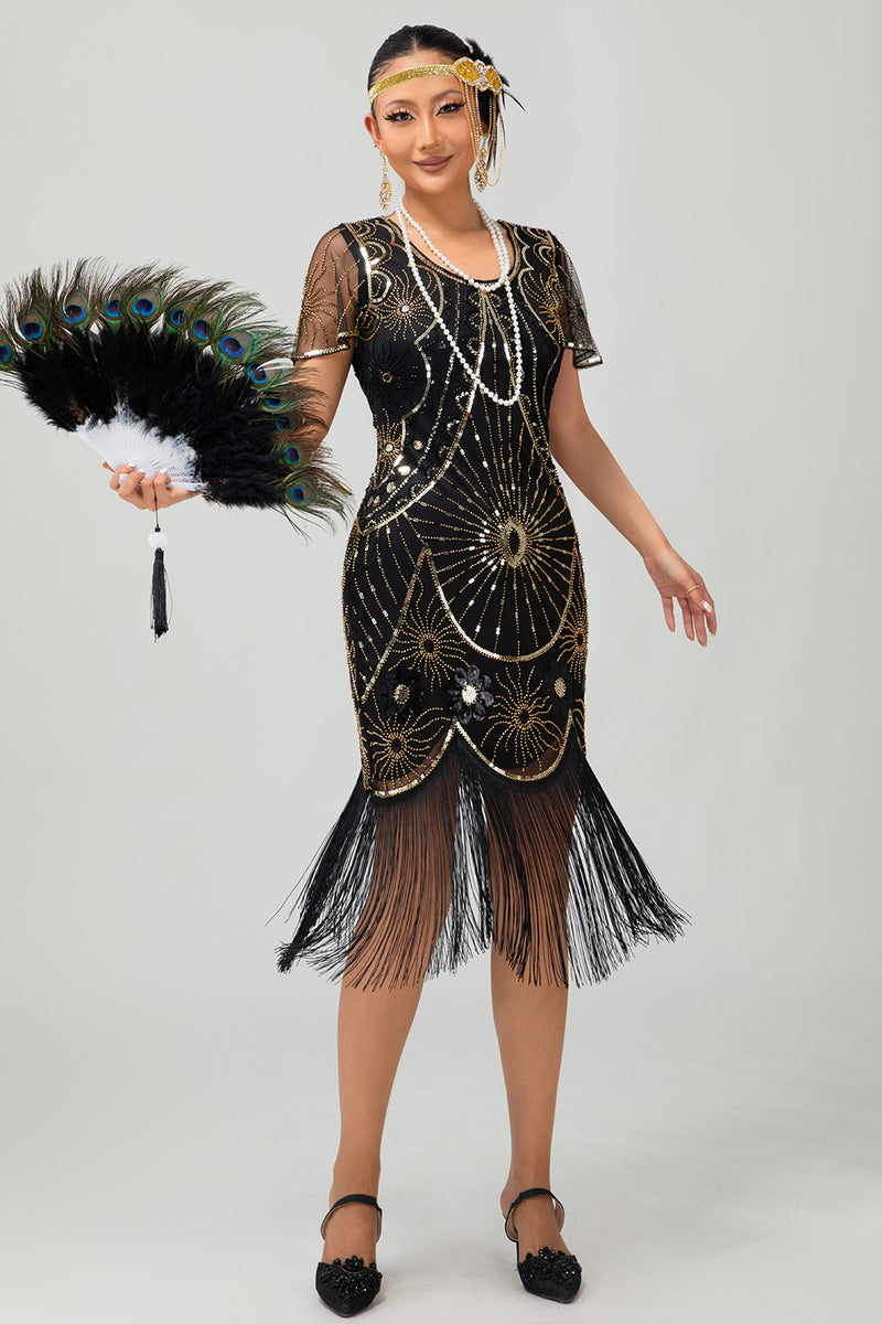 Load image into Gallery viewer, Sparkly Black Golden Fringed Round Neck Flapper Dress with 20s Accessories Set