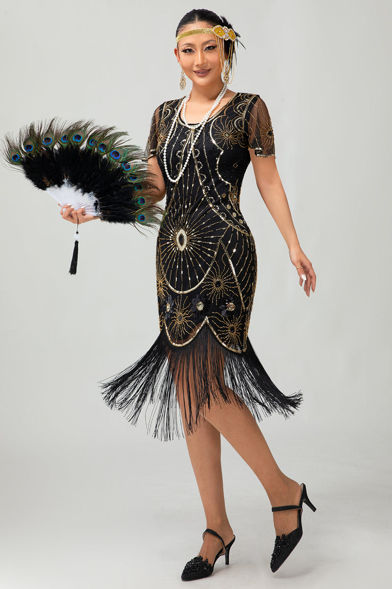 Load image into Gallery viewer, Sparkly Black Golden Fringed Round Neck Flapper Dress with 20s Accessories Set