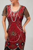 Load image into Gallery viewer, Sparkly Black Red Fringed Short Sleeves Flapper Dress with 20s Accessories Set